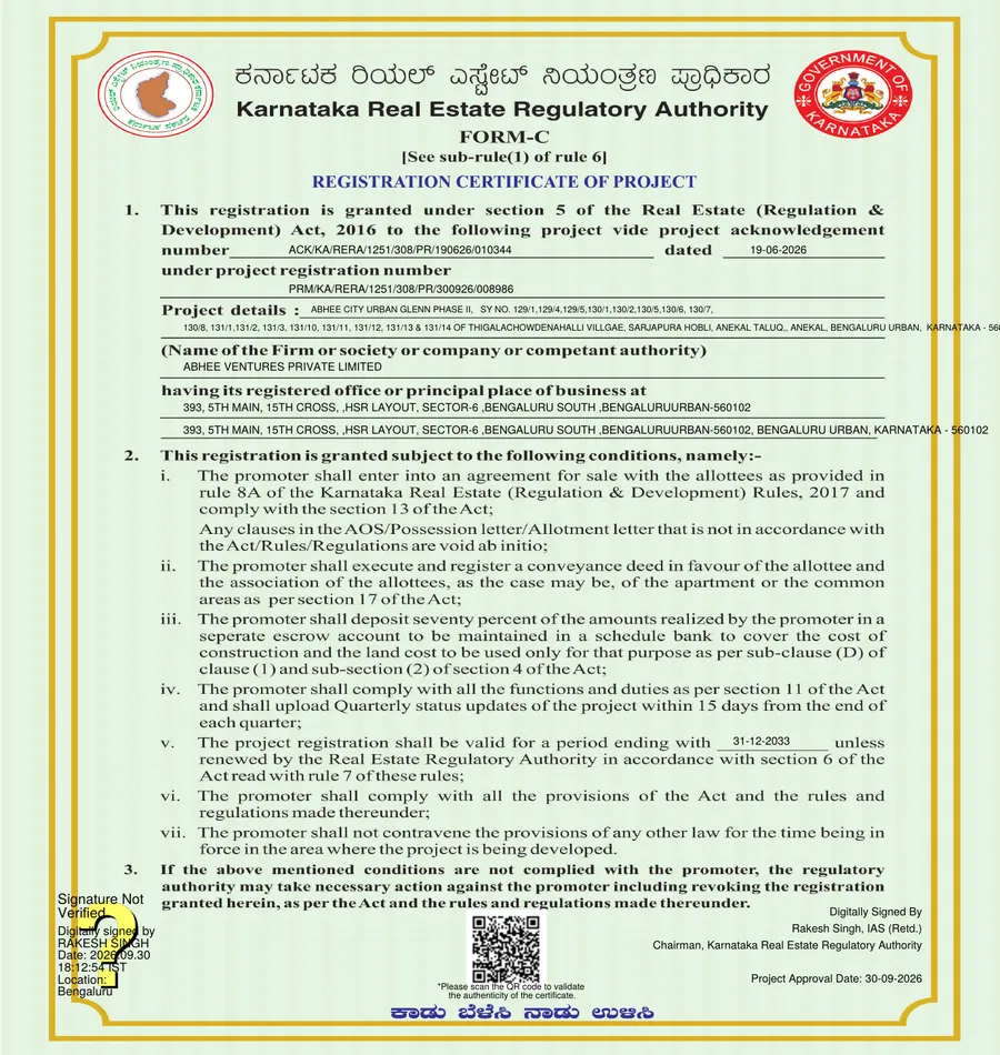 Karnataka RERA registration certificate (Form C) for Abhee City Urban Glenn Phase II, number PRM/KA/RERA/1251/308/PR/300926/008986, approved 30 September 2026