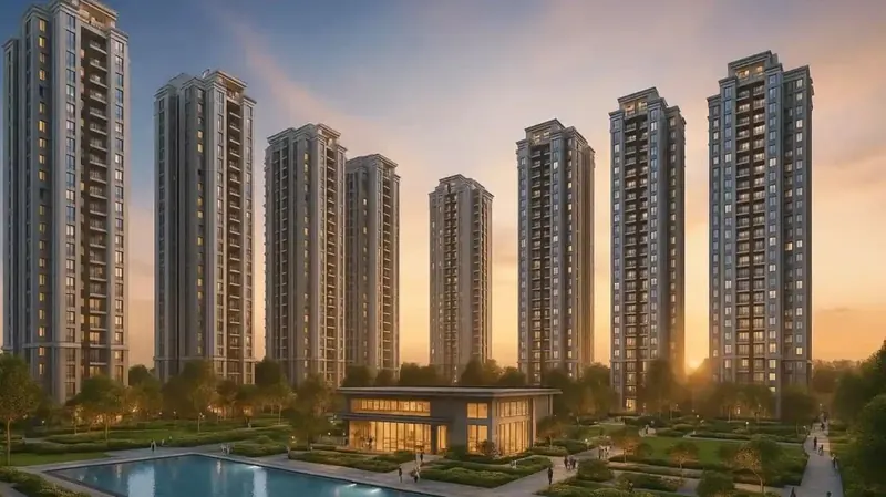 Swimming pool and landscaped central courtyard between the towers at Abhee City Urban Glenn